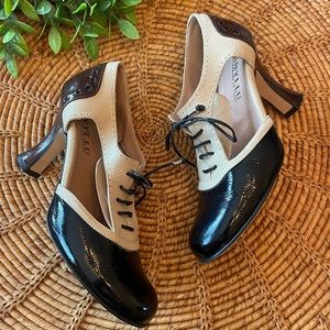 ANYI LU Italian Patent Leather Black, Cream & Brown Lace Up Cut Out Heels